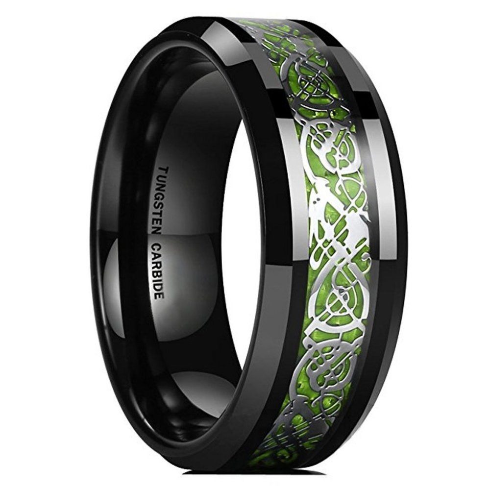 Mens Tungsten Wedding Band 8mm Celtic Knot Ring Black Resin Inlay Silver & Green